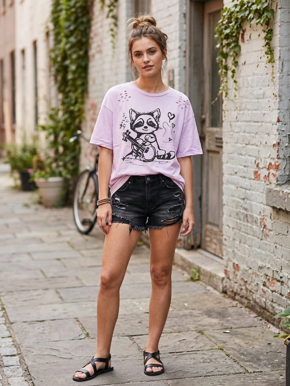 Blue Velvet Lavender Mineral Washed Graphic Oversized Raccoon Tee